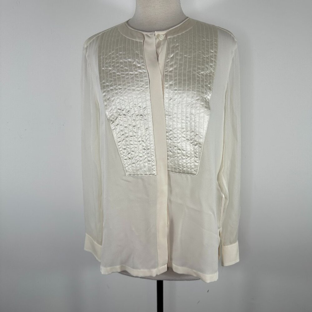 New Escada 100% Silk Cream Hide Buttons Blouse Toxedo Style Size 38